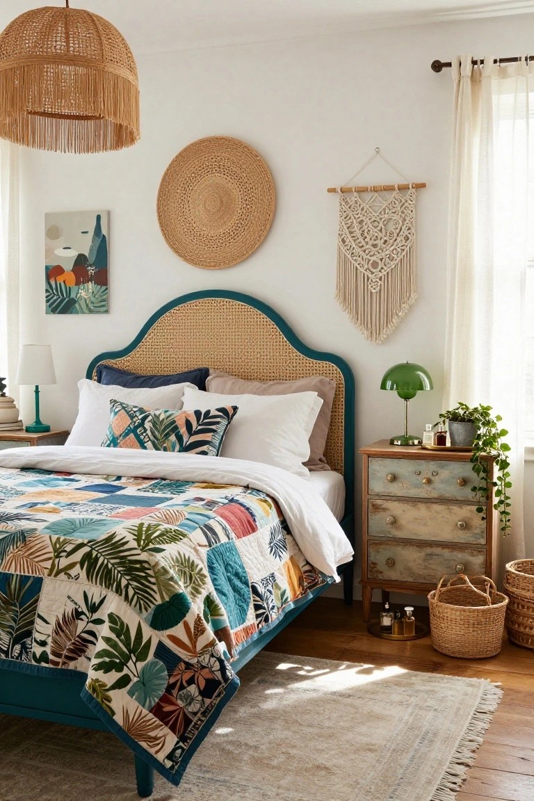 Bedroom interior with teal-painted curved rattan headboard, colorful tropical patchwork quilt and pillows, green banker's lamp on wooden dresser with trailing plant, macrame wall hanging, woven wall basket, and rattan pendant light.