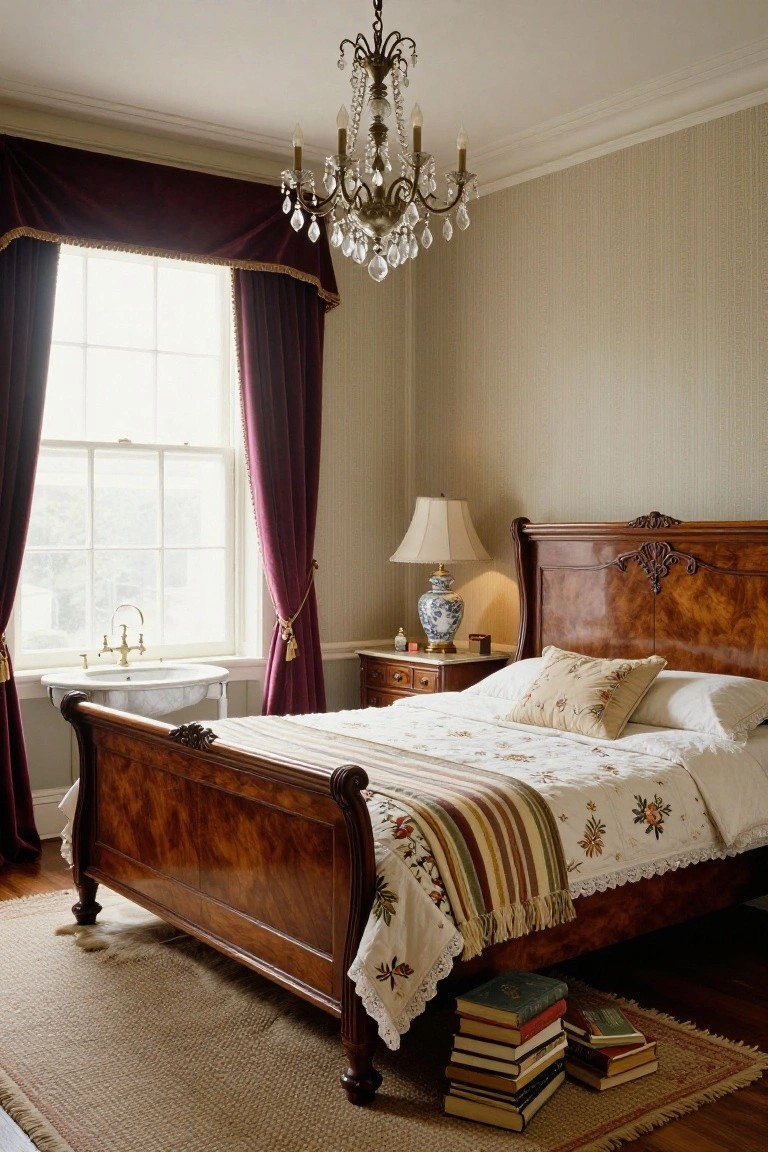 Vintage bedroom with carved mahogany sleigh bed covered in white bedding and striped throw, burgundy drapes on tall sash window, crystal chandelier, bedside table with lamp and blue vase, and stacked books on floor next to rug.