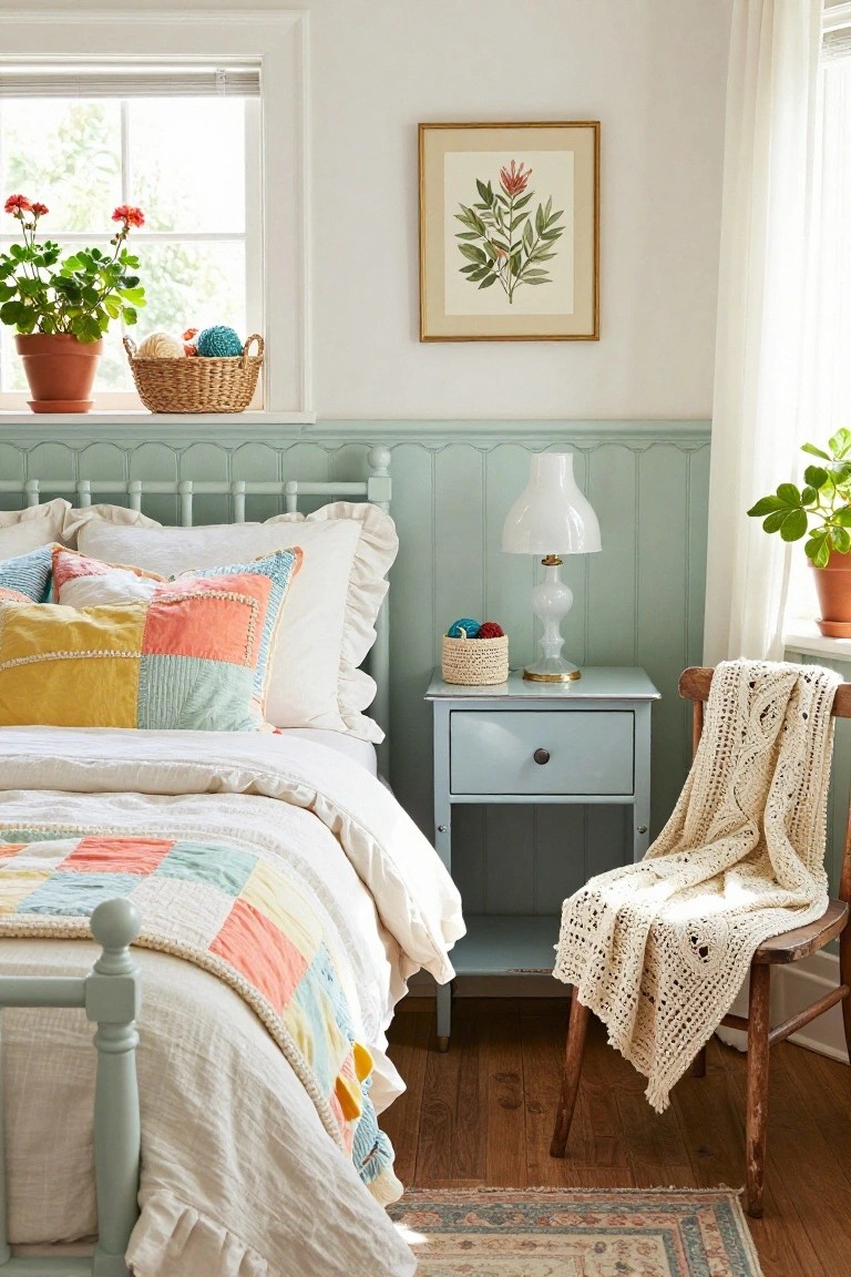 Bedroom interior with mint green painted wood bed frame and nightstand, colorful patchwork quilt and pillows on the bed, white lamp on nightstand, plants on windowsill, crochet basket with yarn balls, botanical wall art, and wooden chair with white throw.