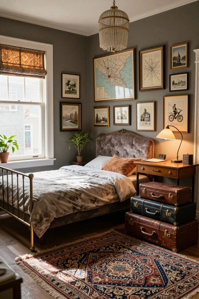 Gray-walled bedroom featuring a brass bed with velvet headboard and white duvet, stacked leather suitcases beside a wooden desk with lamp, eclectic framed art and maps on walls, potted plants, and a patterned rug on hardwood floor.