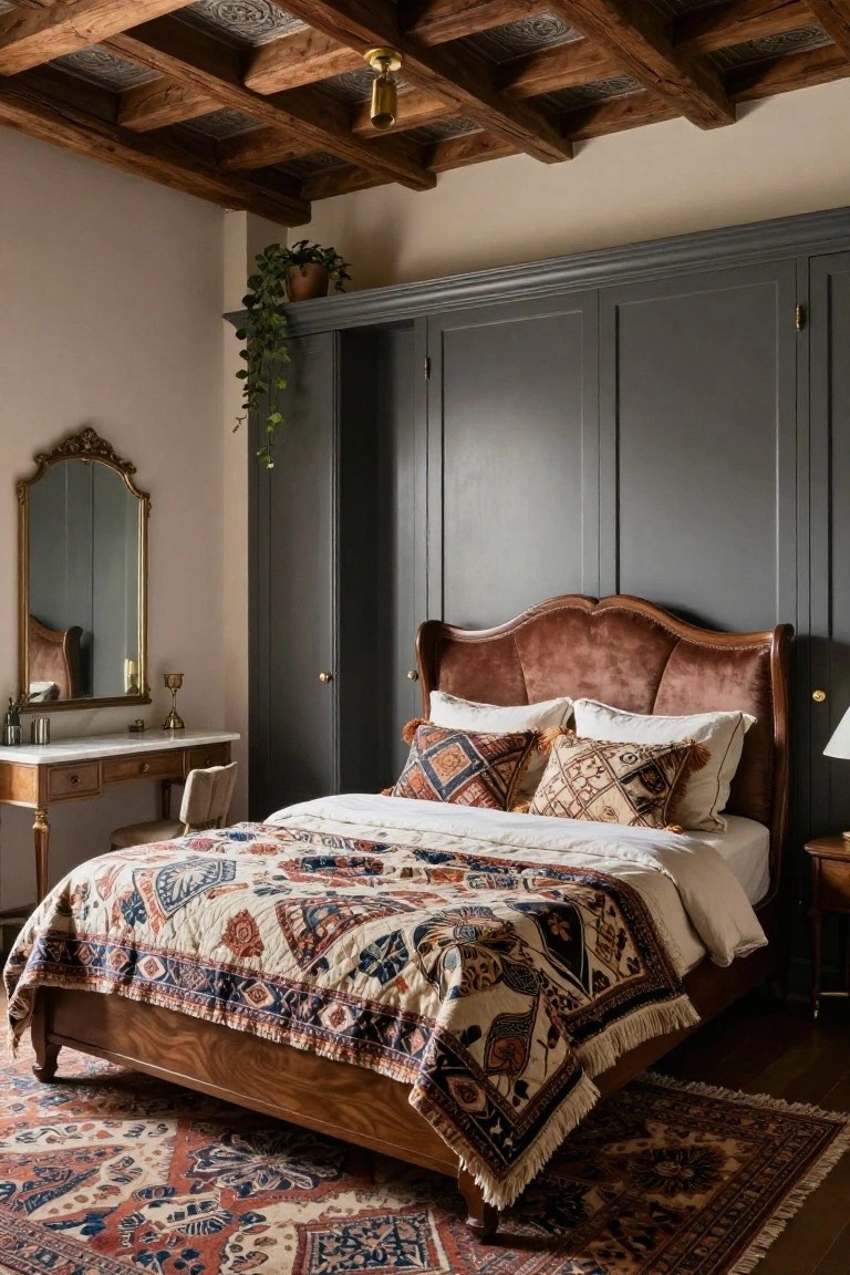 Bedroom interior with a wood bed frame featuring a curved rust velvet tufted headboard, layered patterned quilt and pillows, gray paneled wardrobe doors, ornate gold mirror on marble desk, potted plant, brass pendant light from beamed ceiling, and red-toned patterned rug on floor.