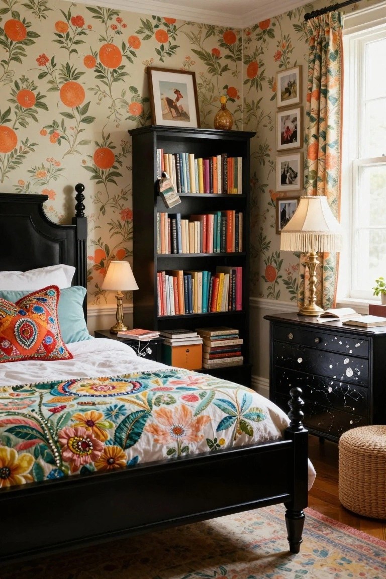 Bedroom interior with cream wallpaper patterned in orange fruits, flowers, and green leaves, a black four-poster bed with multicolored quilted bedding and pillows, tall black bookshelf filled with colorful books, brass lamps, and orange floral curtains on a window.