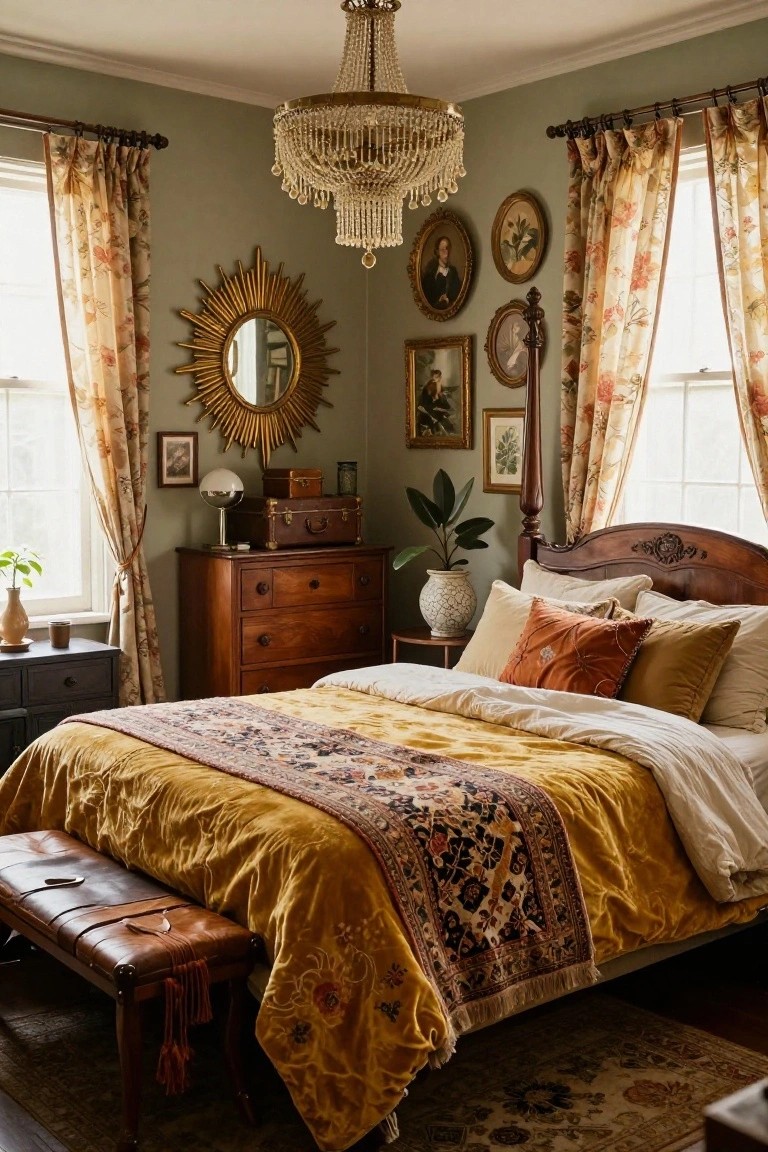 Sage green bedroom with carved wooden four-poster bed draped in mustard yellow velvet bedspread and patterned throw, layered pillows, antique dressers, floral curtains, crystal chandelier, gold sunburst mirror, and assorted framed artwork on walls.