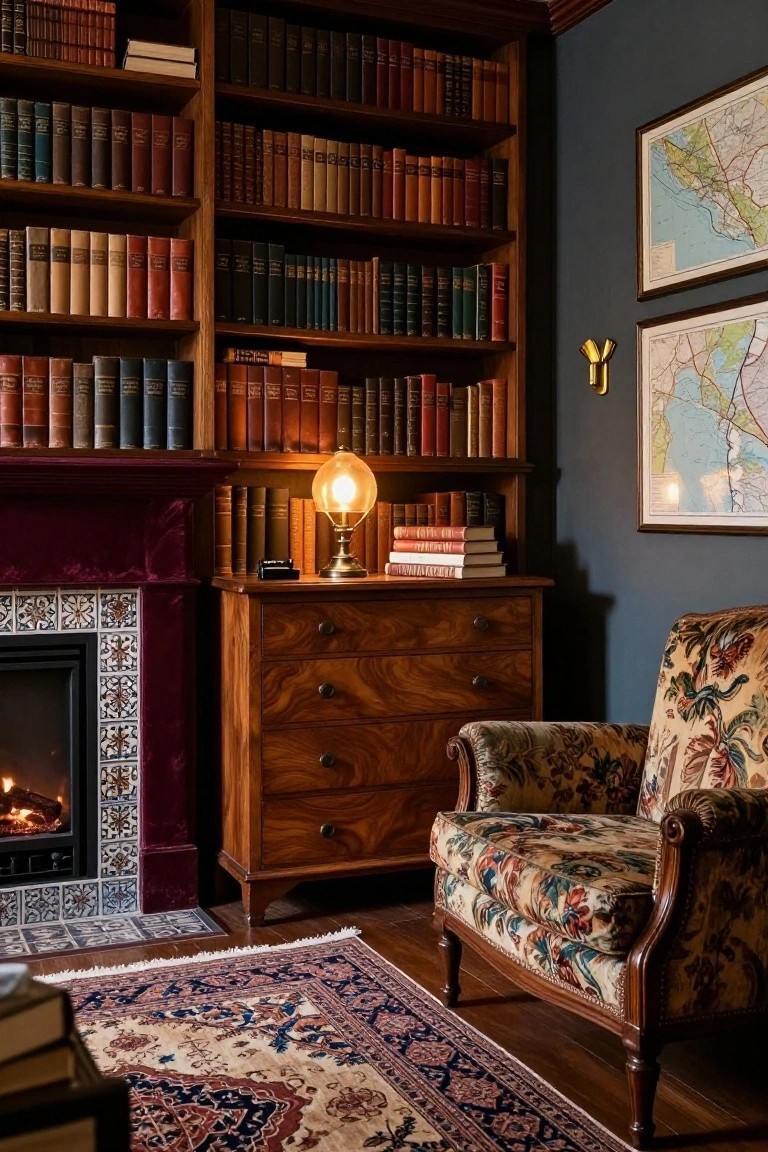 Corner of a dark-walled room featuring tall wooden bookshelves filled with leather-bound books, a lit fireplace with tiled surround, wooden desk with brass lamp, floral upholstered armchair, and Persian rug on wooden floor.