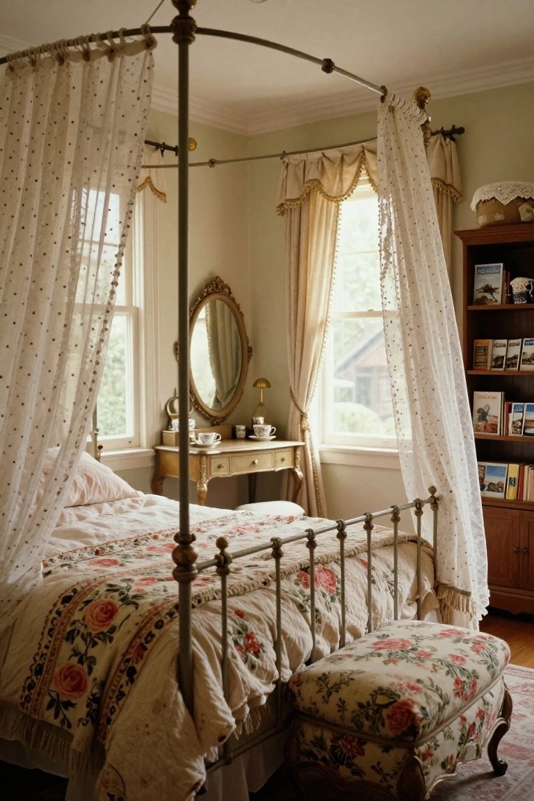Vintage bedroom with a metal four-poster bed draped in sheer white fabric, floral bedding, ornate vanity table with mirror and teacups, bookshelves, and window curtains in a light green room.