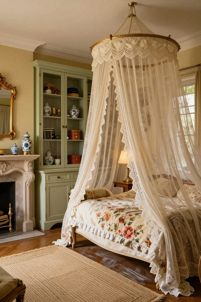 Bedroom with white lace canopy bed on ornate frame, floral bedding, green armoire with ceramics, gilded mirror, and limestone fireplace.