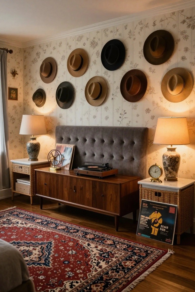 Bedroom interior with a wall display of various brown, black, and beige hats on floral-patterned wallpaper, gray tufted headboard, wooden credenza holding a turntable, wicker side tables with ceramic lamps, and red Persian rug on wood floor.