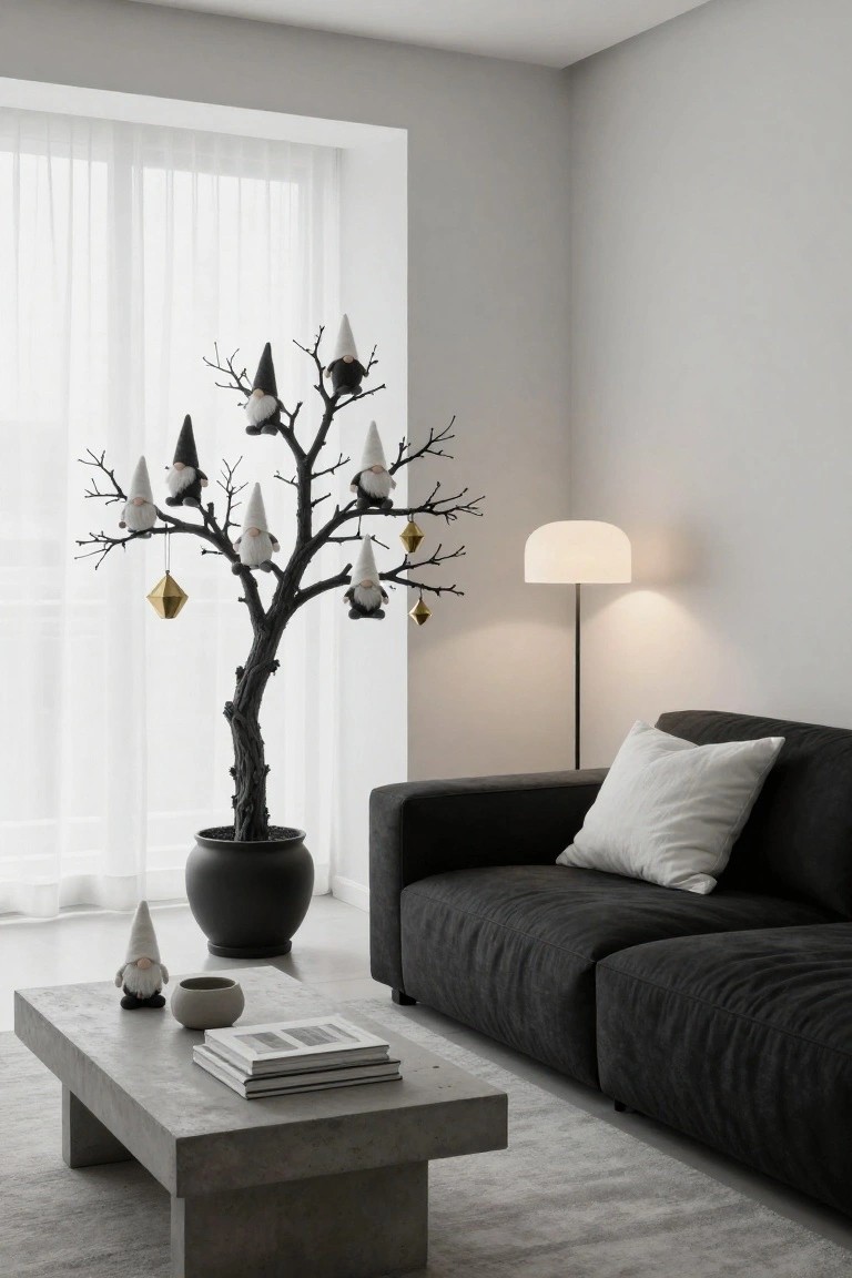 Modern living room with a tall black branch tree in a pot decorated with hanging white and black gnomes and gold ornaments, next to a black sofa, concrete coffee table, and floor lamp.