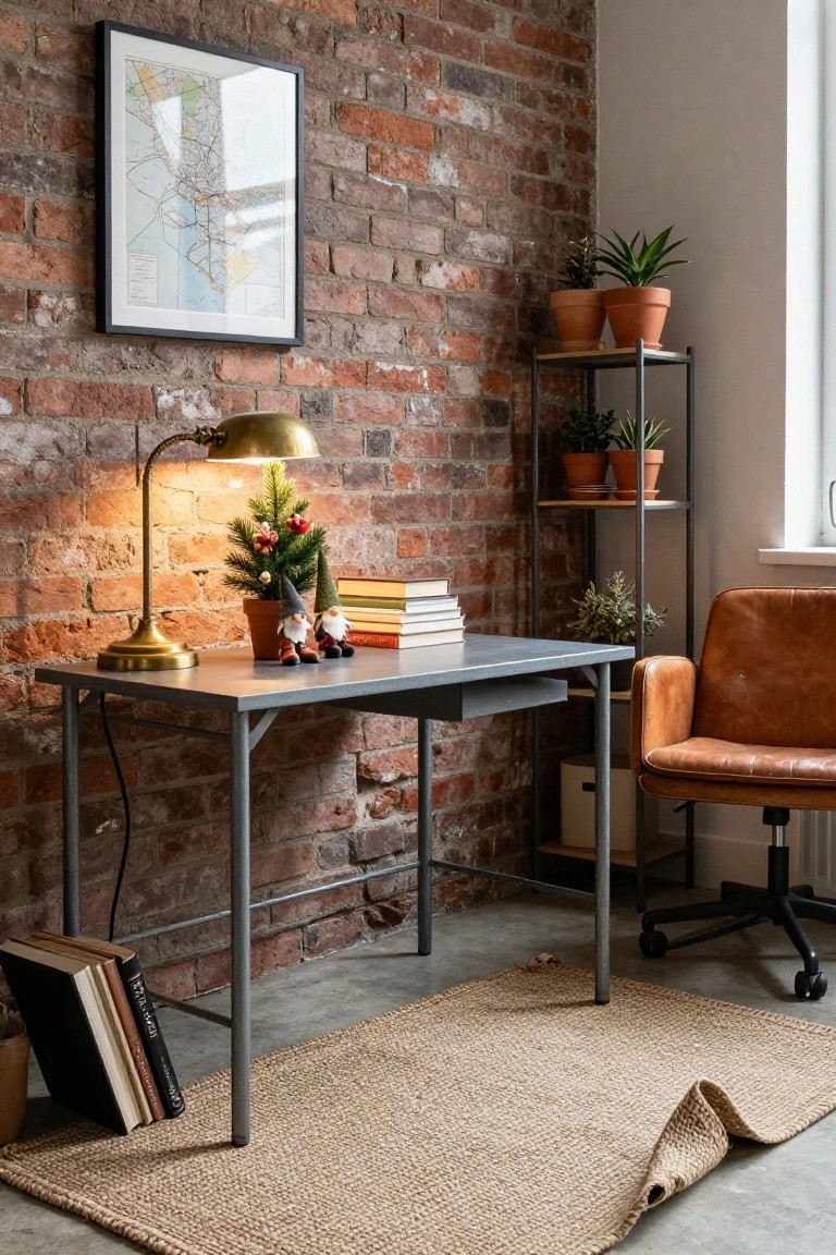 Exposed brick wall home office with gray metal desk, gold arched desk lamp, small potted Christmas tree with two gnomes on it, stacked books, metal plant shelf, leather swivel chair, and seagrass rug on concrete floor.
