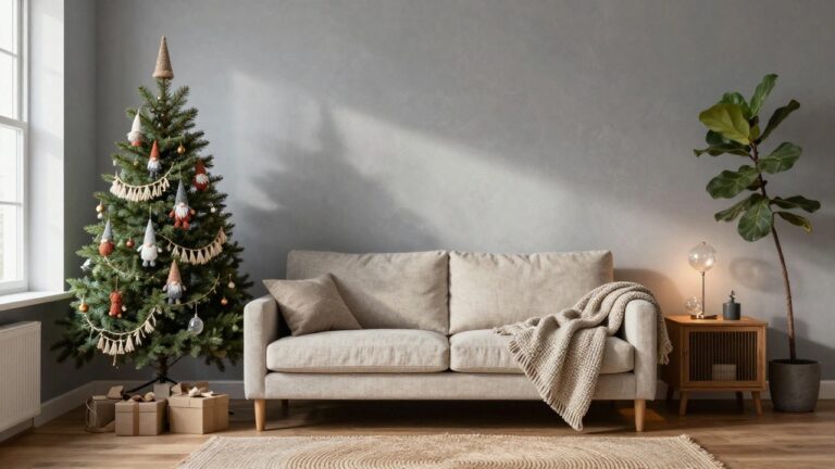 Corner Christmas tree in a gray living room decorated with colorful gnome ornaments, macrame garlands, glass balls, and wooden beads, next to a fiddle leaf fig plant, beige sofas, and a wooden side table.