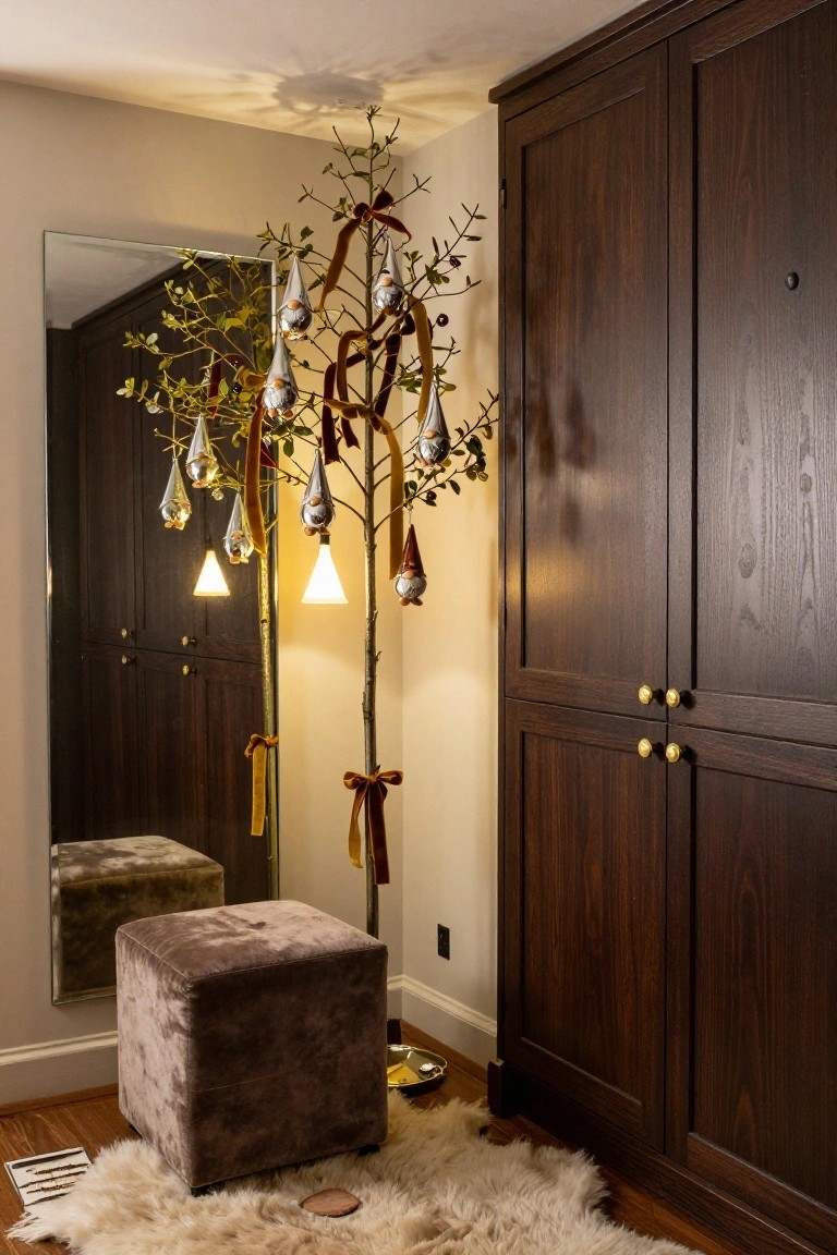 Interior corner with full-length mirror reflecting wooden wardrobe doors, tall branch tree decorated with gnome figures, silver bells, ribbons, and glowing bulb lights, velvet pouf on sheepskin rug, hardwood floor.
