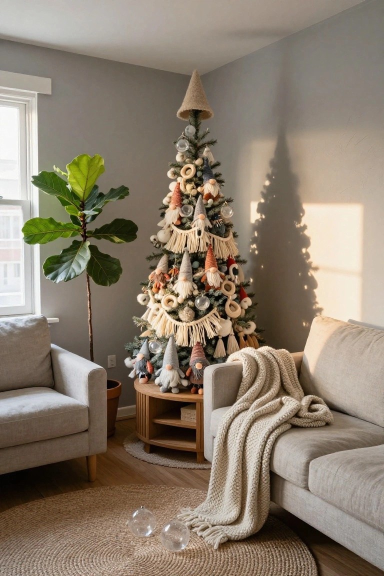 Corner Christmas tree in a gray living room decorated with colorful gnome ornaments, macrame garlands, glass balls, and wooden beads, next to a fiddle leaf fig plant, beige sofas, and a wooden side table.