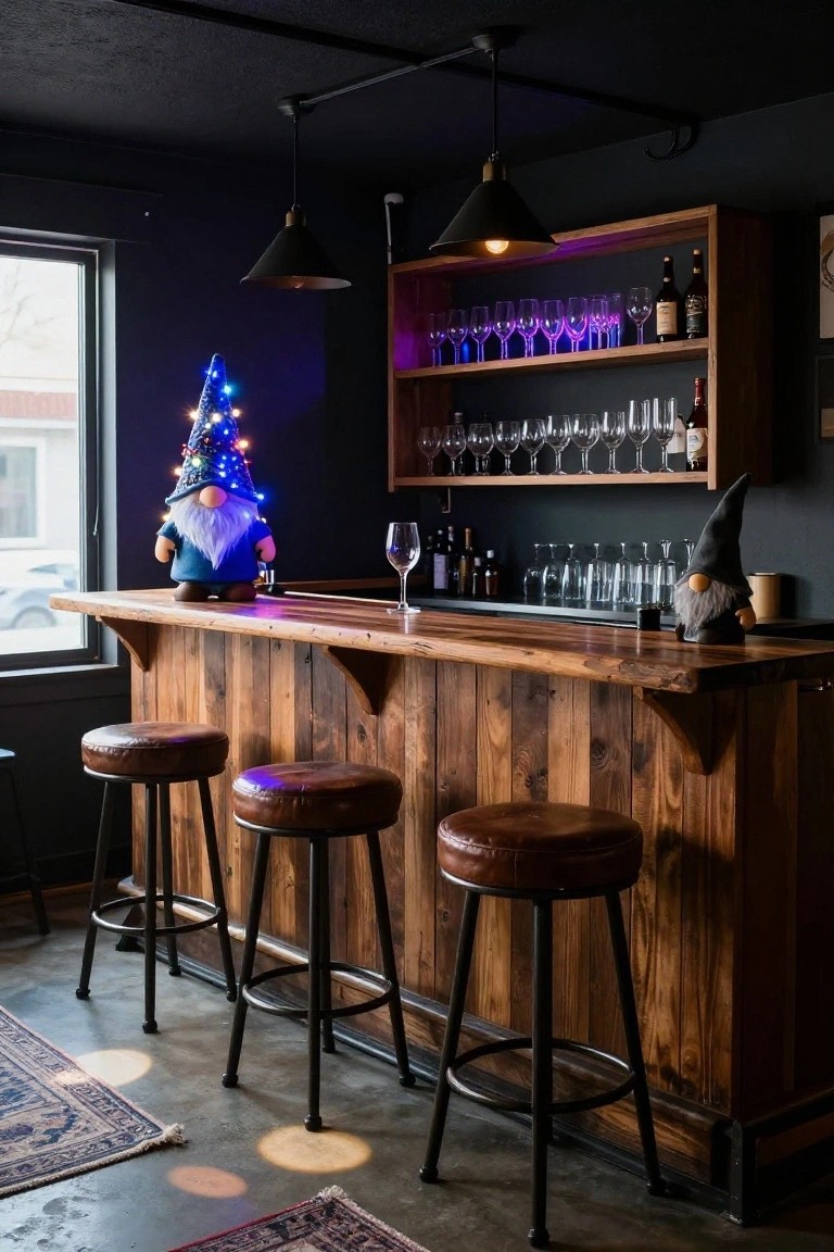 Wooden home bar with leather stools, shelves of glasses and bottles, two gnome figures, and a large blue gnome wearing a sparkling blue Christmas tree hat positioned on the bar top under black pendant lights.