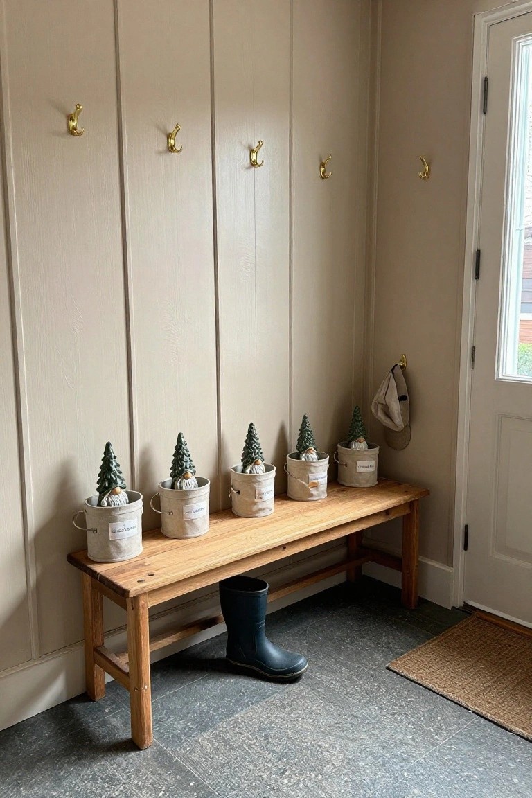 Beige wood-paneled mudroom with gold hooks on walls, a wooden bench holding white buckets with gnome-topped green Christmas trees, a beige hat on one hook, black rain boots on the floor, seagrass mat, and white door to outside.
