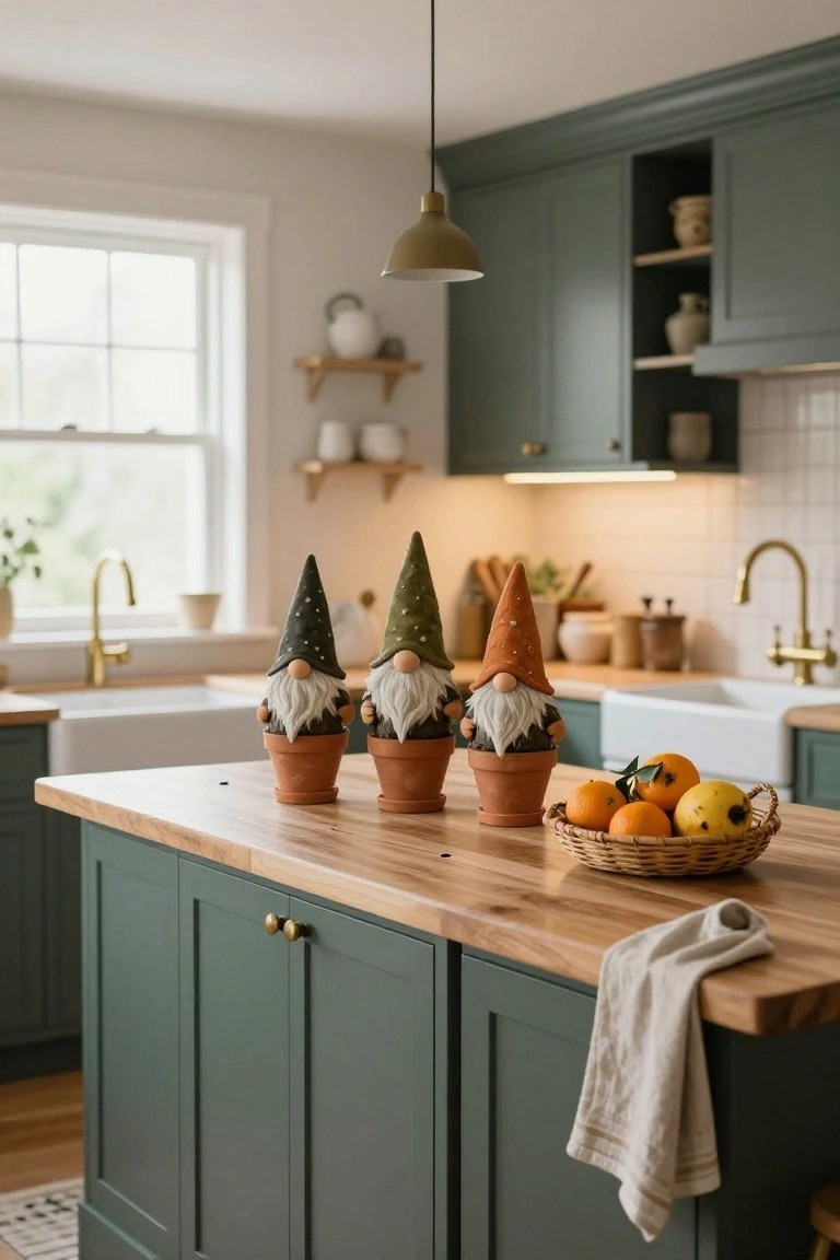 Three colorful gnomes in terracotta pots sit on a wooden kitchen island next to a basket of oranges in a green cabinet kitchen with brass faucets and white subway tile.