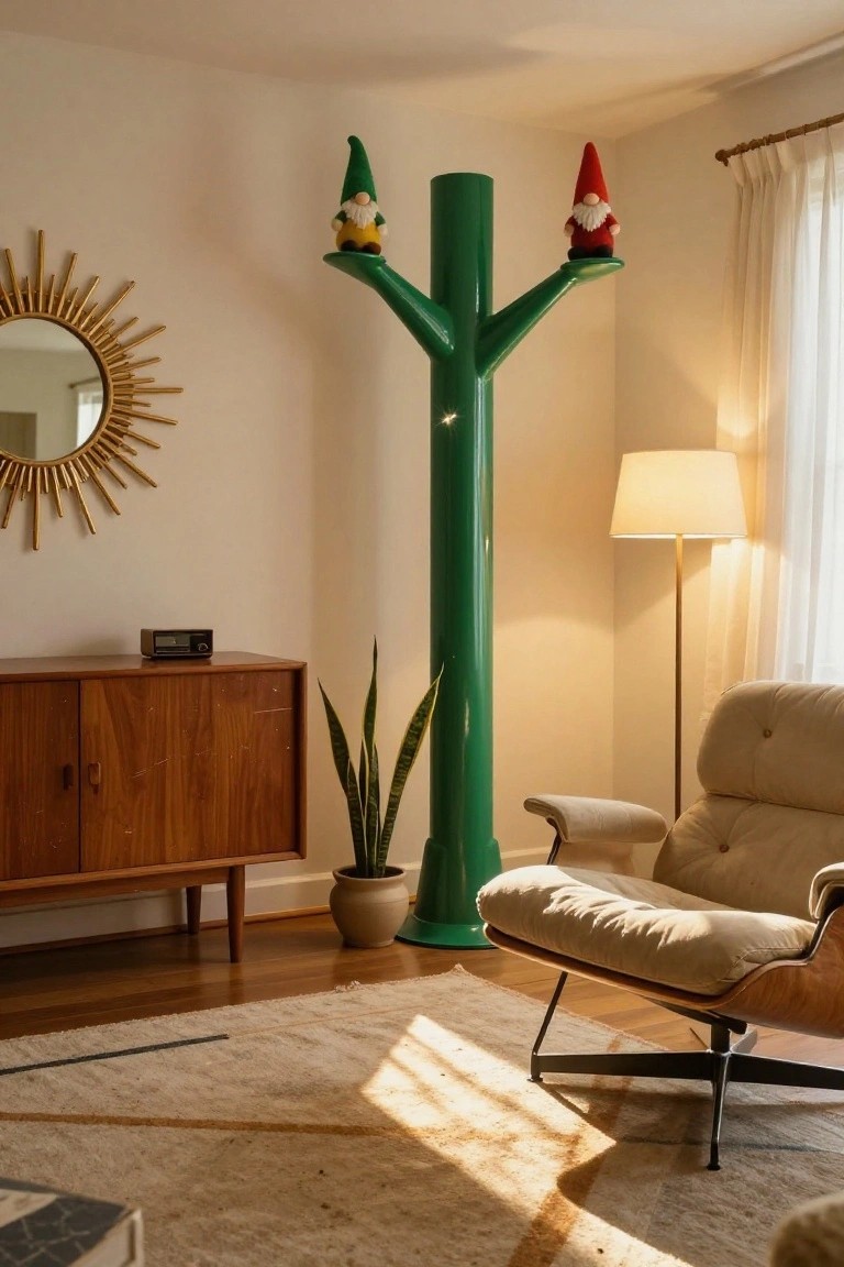 Tall green sculptural tree stand with a green-hatted gnome and red-hatted gnome on top in a living room with wooden sideboard, snake plant in pot, Eames lounge chair, sunburst mirror, and floor lamp.