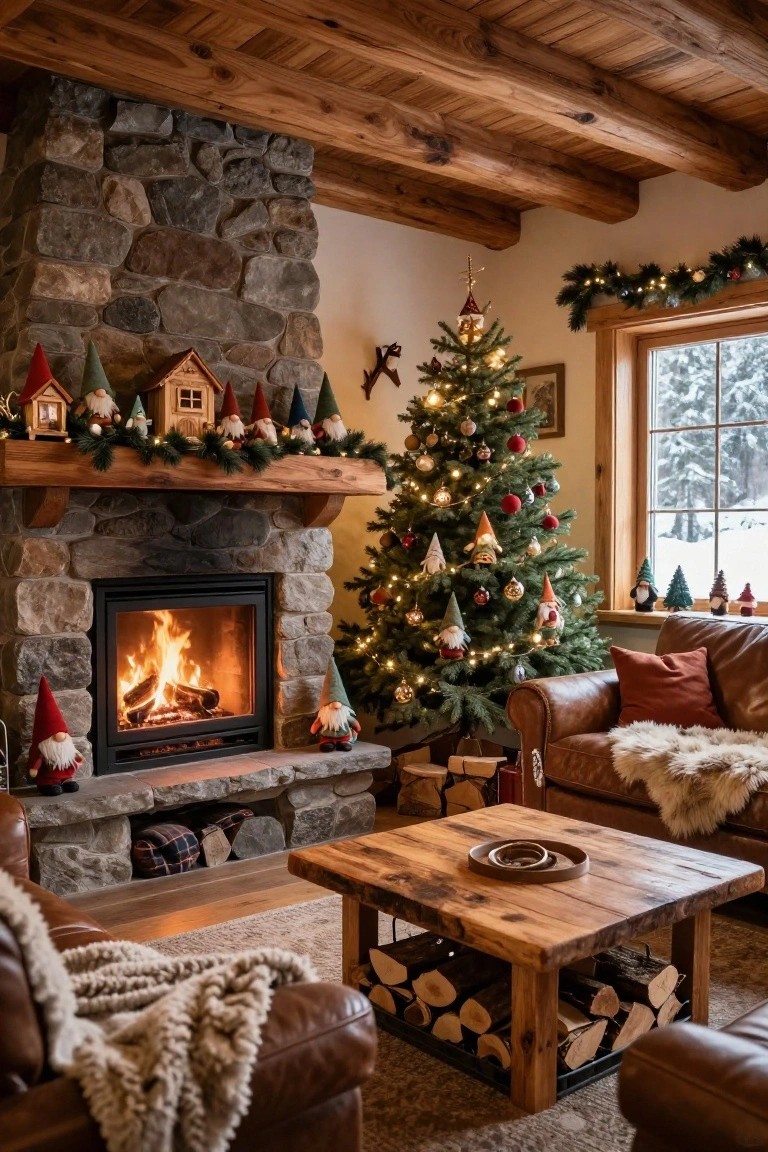 Cozy rustic living room interior with wooden beamed ceiling, stone fireplace containing a fire and flanked by gnomes on mantel and hearth, Christmas tree with ornaments and more gnomes, leather sofa, wooden coffee table, and window showing snowy view.