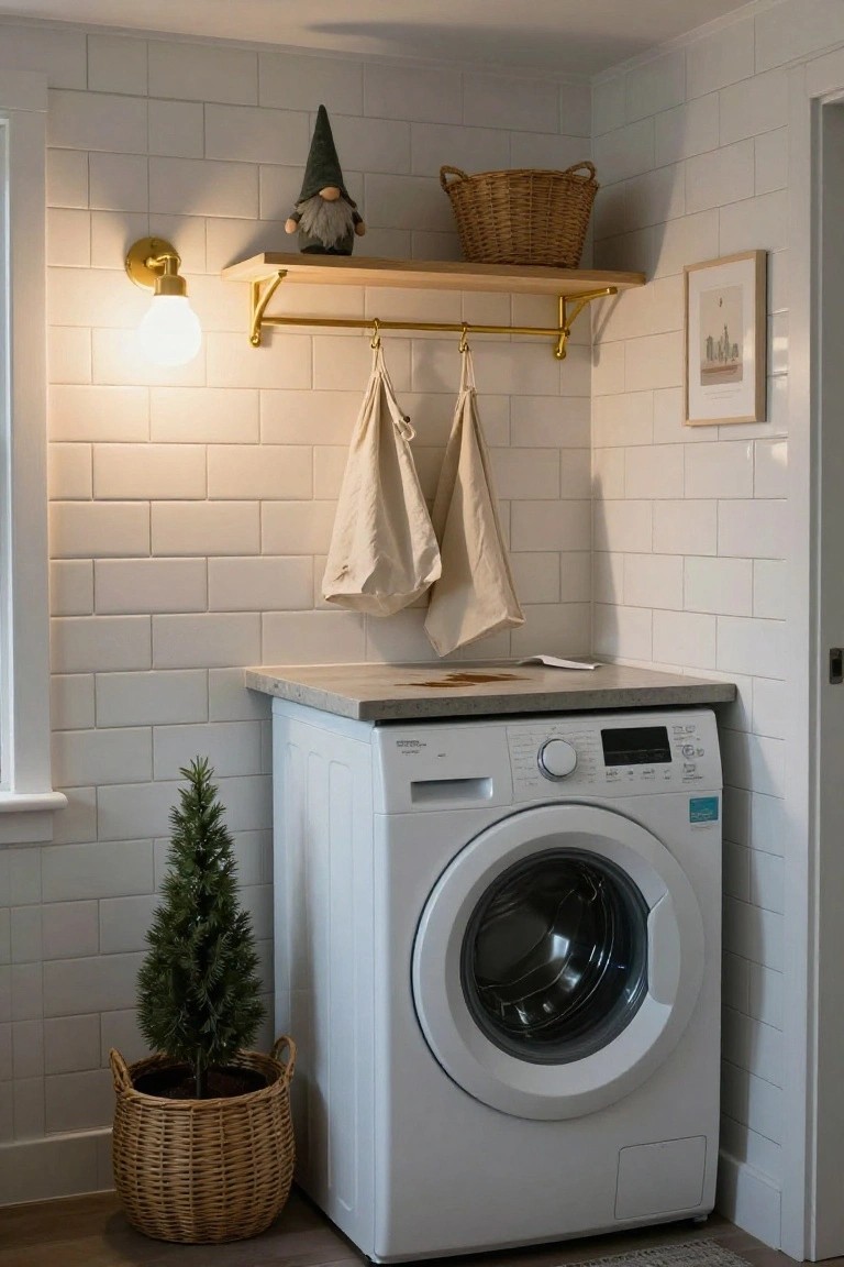 White front-loading washing machine in a tiled laundry room corner with wooden shelf holding a gnome figurine and basket, small potted Christmas tree in wicker basket on floor, hanging beige towels, and brass wall light.