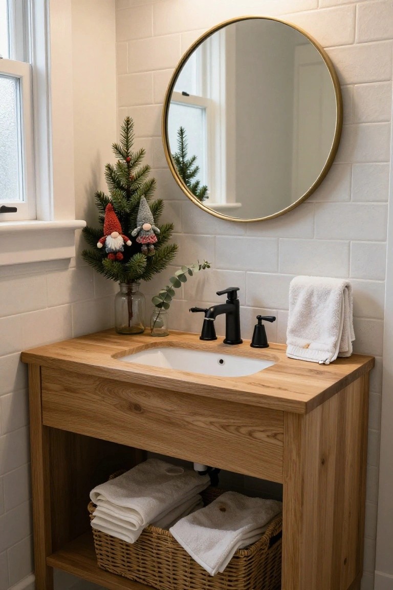 Bathroom vanity with oak wood top and white undermount sink, black faucet, round brass mirror on white subway tile wall, small potted Christmas tree decorated with two hanging gnomes next to the sink, jar of eucalyptus, folded towel on faucet, and stacked white towels in wicker basket underneath.