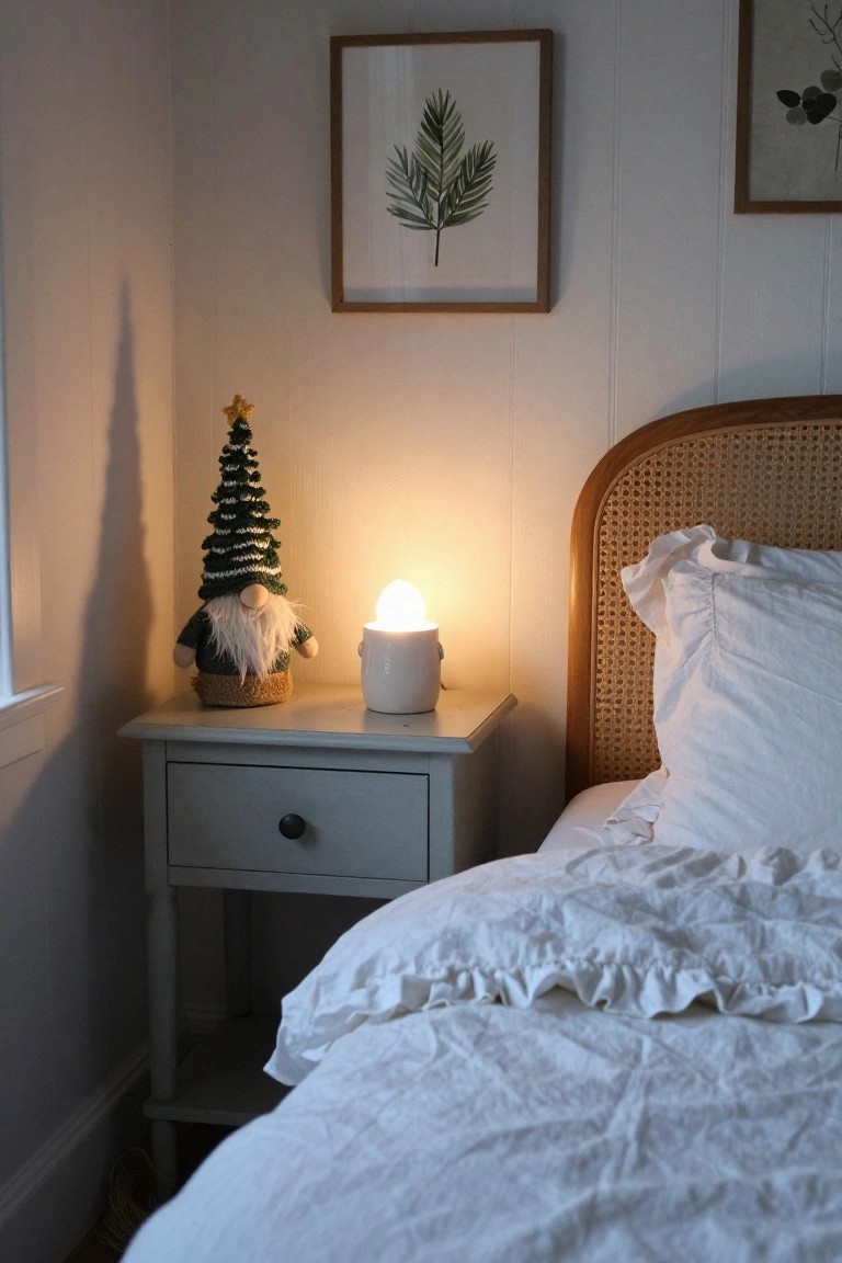 Bedroom corner with pale wood nightstand holding a crocheted green gnome doll, small striped Christmas tree, and white ceramic lamp next to rattan headboard bed with white ruffled linens, botanical prints on paneled wall.