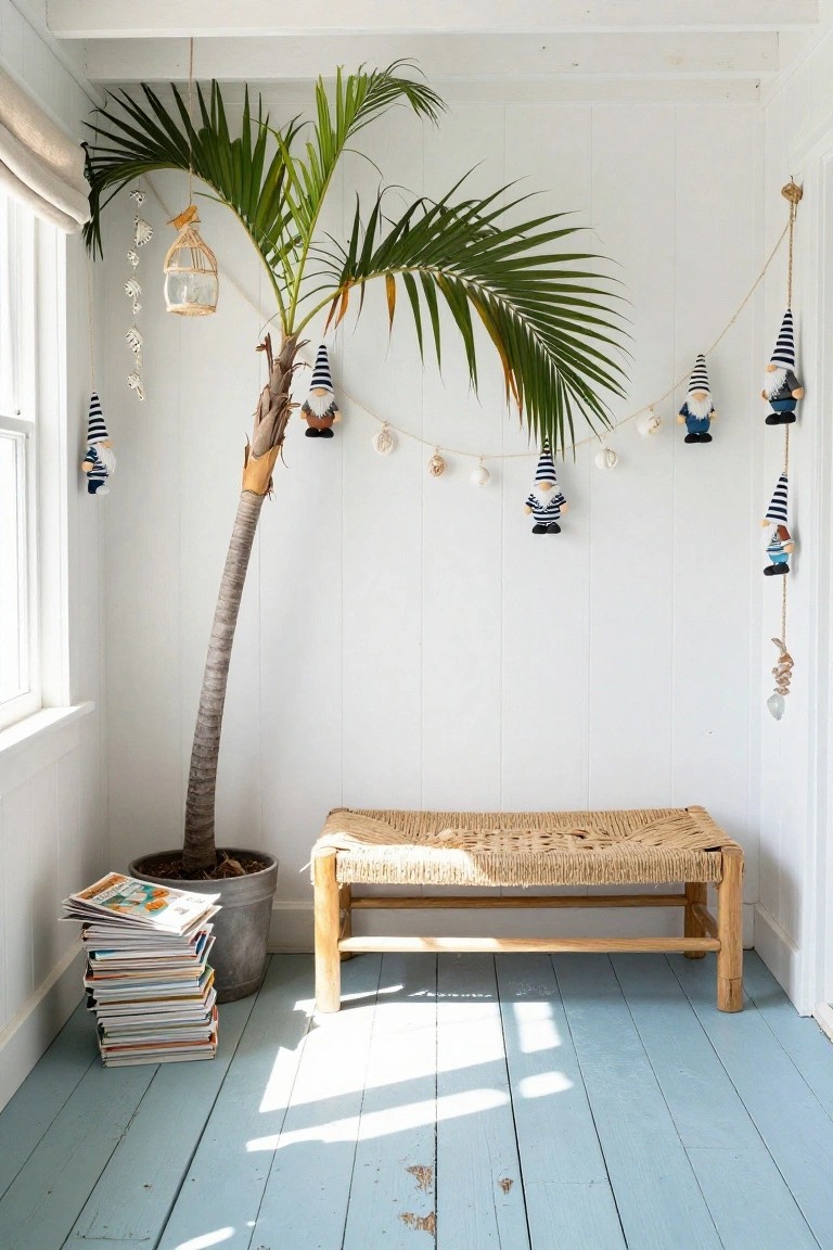 Interior room corner with tall potted palm tree decorated by hanging nautical-themed gnomes, shell garlands, and birdcage lantern, beside rattan bench and stack of magazines on blue wood floor.