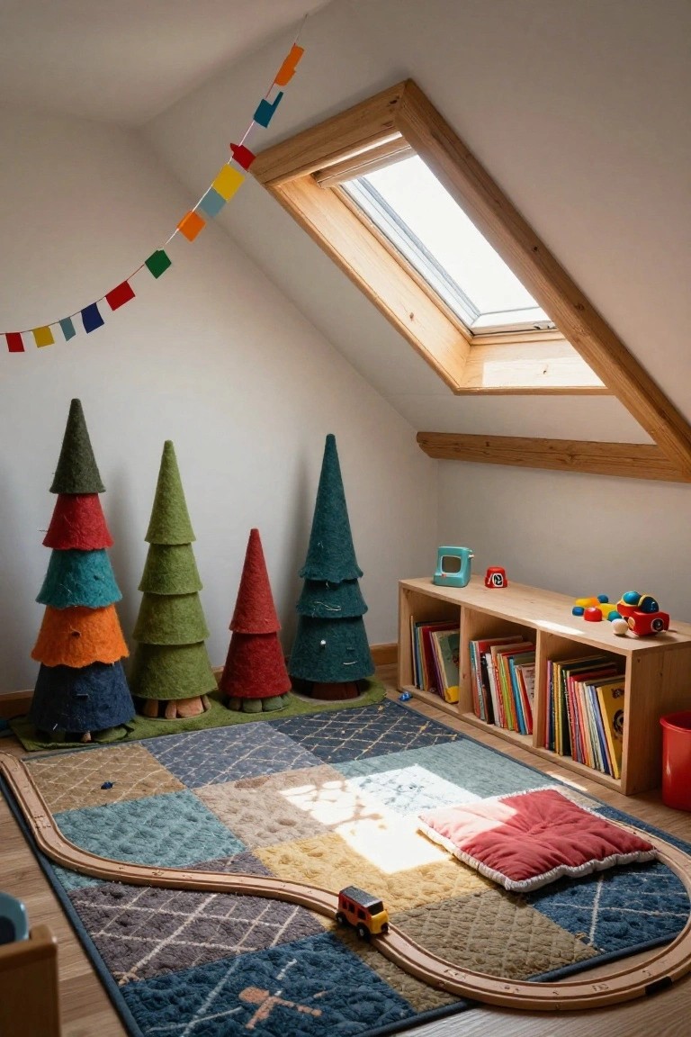 Children's playroom featuring several colorful stacked felt Christmas trees in various hues against a white wall, wooden bookshelf with books and toys, patterned rug with toy train track and vehicles, under wooden slanted ceiling with skylight.