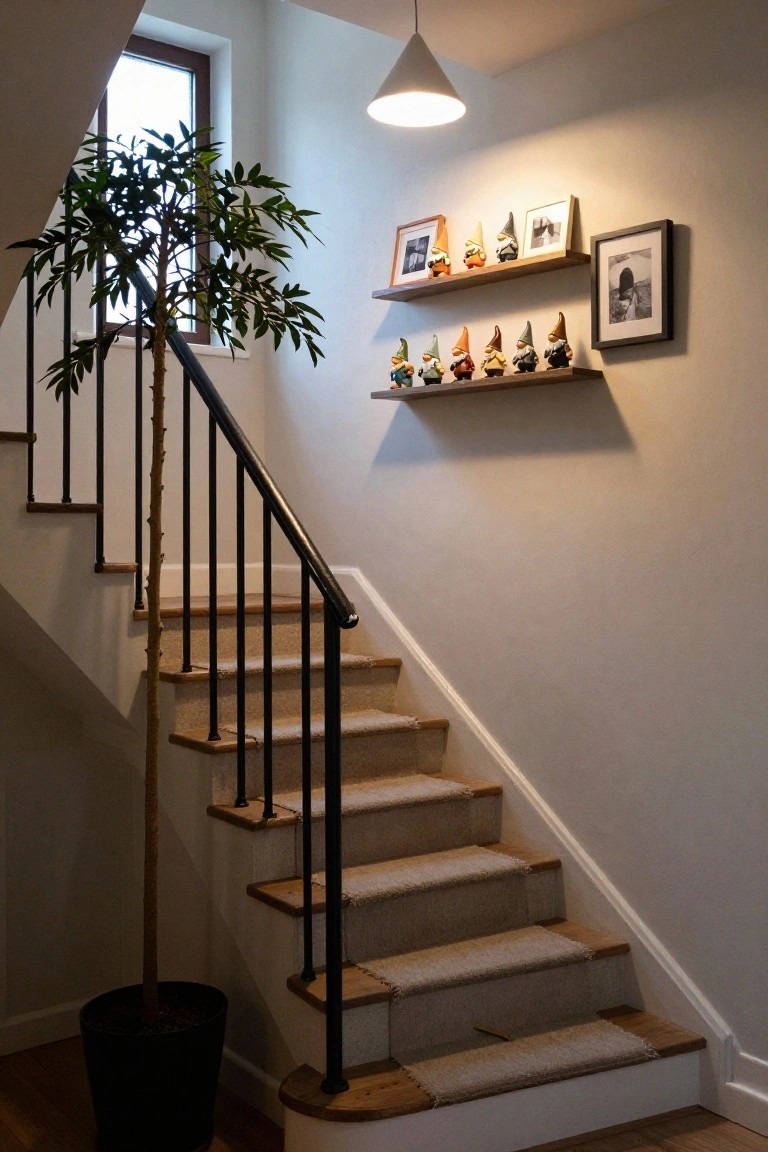 Stairwell with black metal railing, beige carpet on wooden steps, large potted leafy plant at base, floating wooden shelves on wall displaying colorful gnomes and framed photos, pendant light overhead, window nearby.