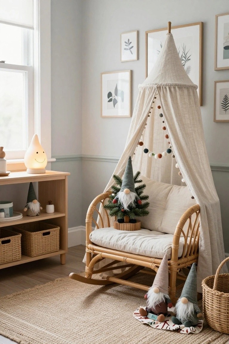 Light gray nursery room with a white tent canopy over a rattan rocking chair holding a small Christmas tree decorated with gnomes, more gnomes on the floor, bookshelves with toys, and wall art.