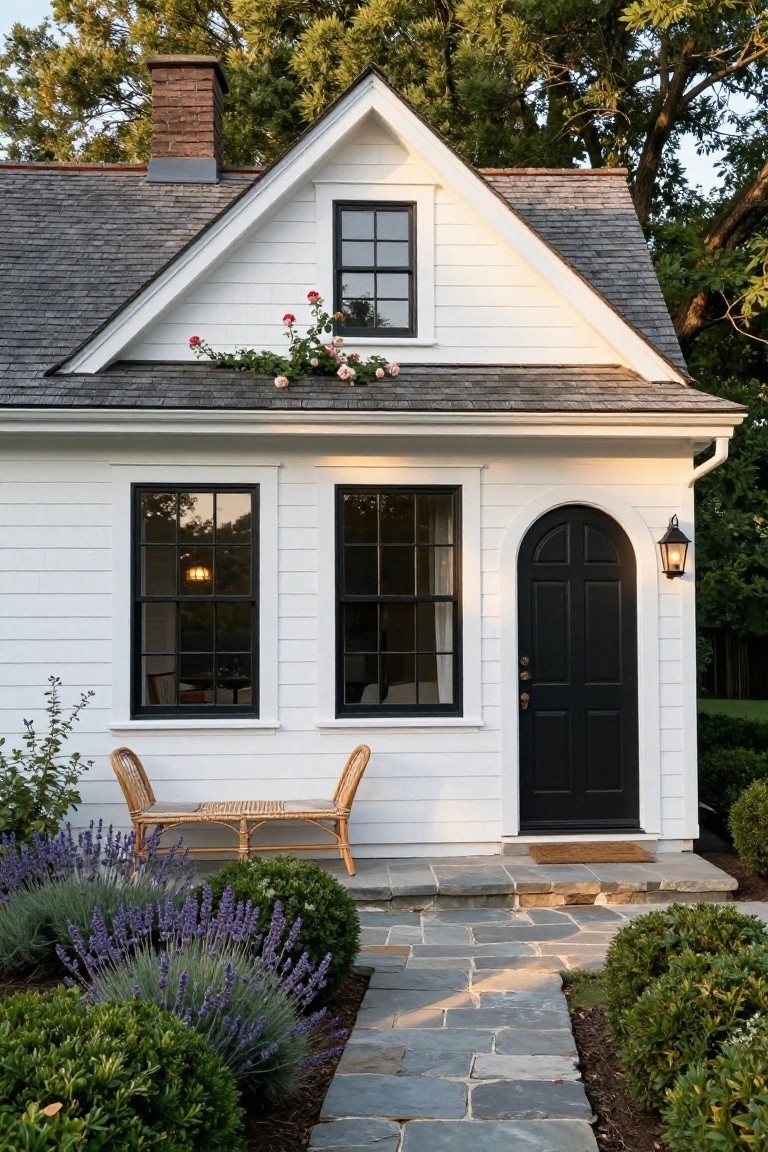White clapboard cottage with gabled roof, black-framed windows, arched black front door with lantern, wicker bench, lavender plants, boxwoods, and stone path leading to the entry.