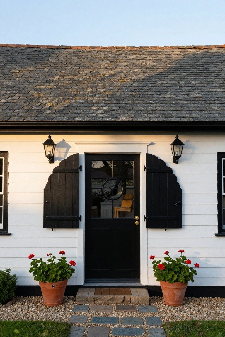 White clapboard cottage with slate roof, black arched shutters framing a glass-paneled black front door with brass knob, black lanterns on sides, red geraniums in terracotta pots, and stone path on gravel with grass edges.