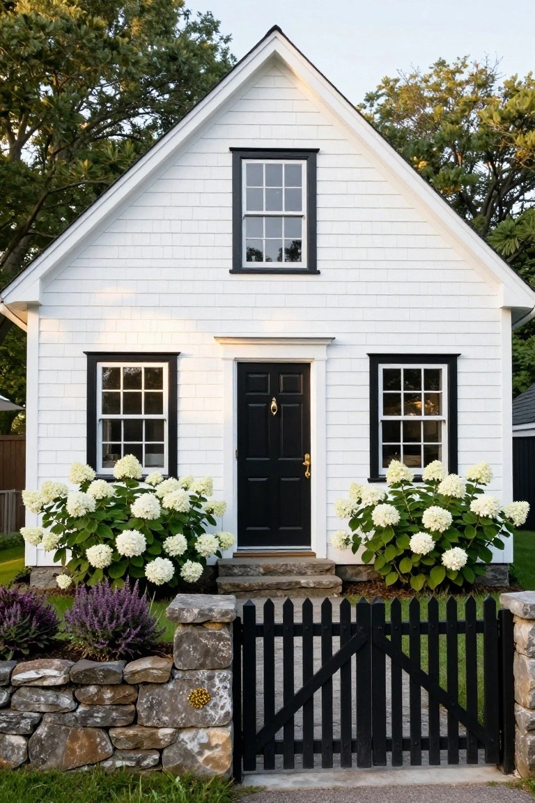 A small white shingle-style cottage with black-framed windows and a central black front door with brass knocker, flanked by white hydrangea bushes and purple lavender plants, next to a stone wall and black picket gate.