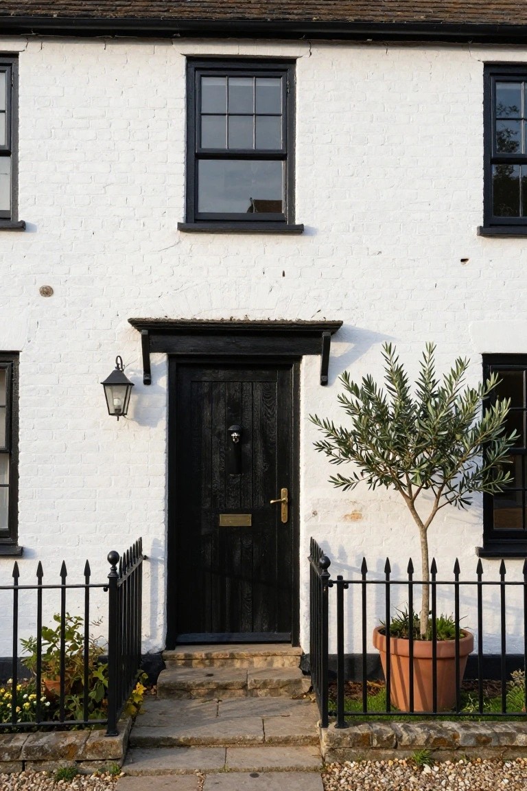 White brick cottage exterior featuring black-framed windows, black front door with brass knocker and letterbox, wall lantern, iron railing, stone steps, and potted olive tree beside the entry.