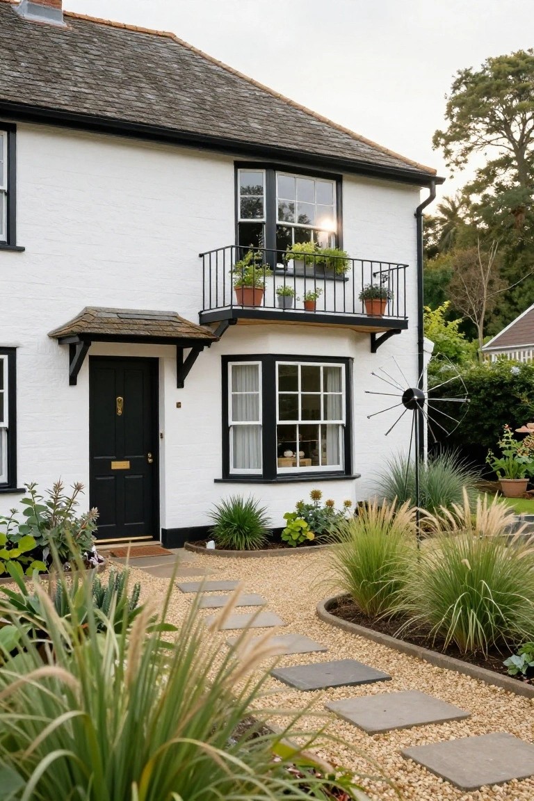 White cottage with black trim around windows and door, small balcony with potted plants above the entrance, stone path through gravel bordered by grasses and shrubs.