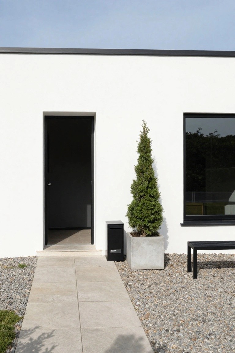 White stucco house exterior with open black metal door, black-framed window, concrete planter holding a conifer tree, black metal bench, stone tile pathway, and gravel ground cover.