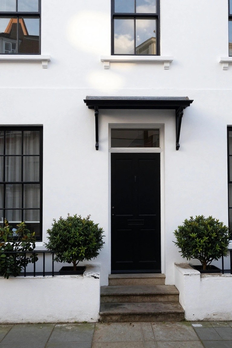 White stucco house facade with black window frames, centered black front door, stone steps, and potted boxwood shrubs on low walls beside the entry.