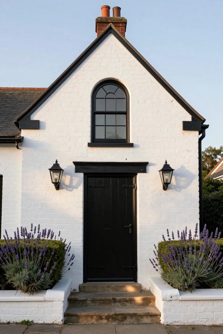 White brick cottage with gabled roof, black-trimmed arched window above black front door, black lanterns flanking door, lavender in planters on sides, and clear sky.