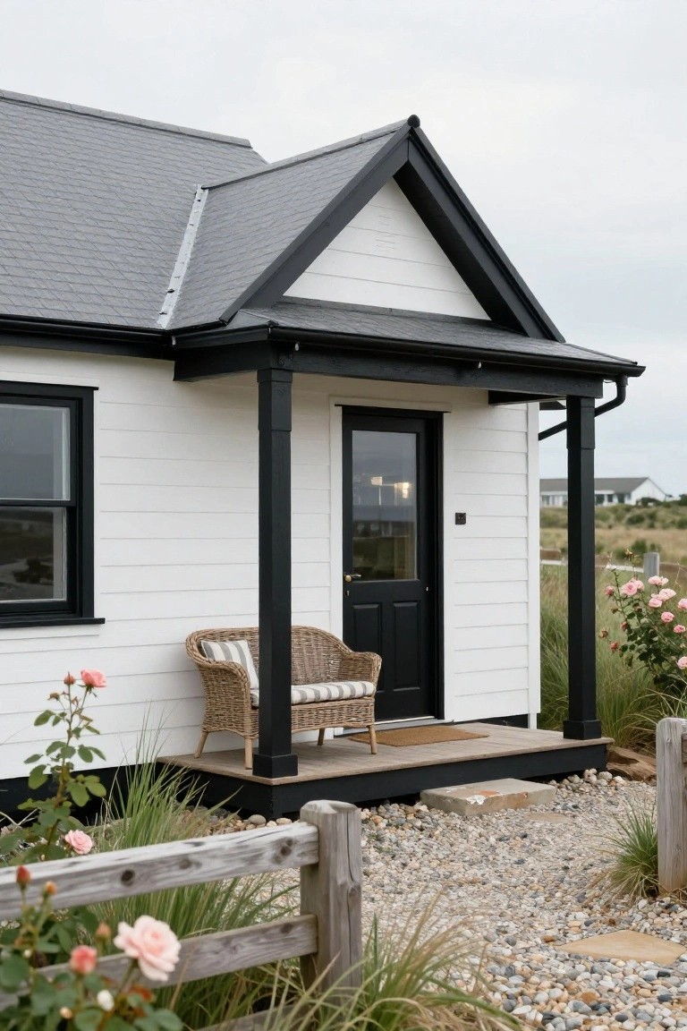 White shiplap cottage with black trim on gabled porch, black front door, adjacent black-framed window, wicker chair on porch, gravel path, wooden fence, grasses, and rose bushes.