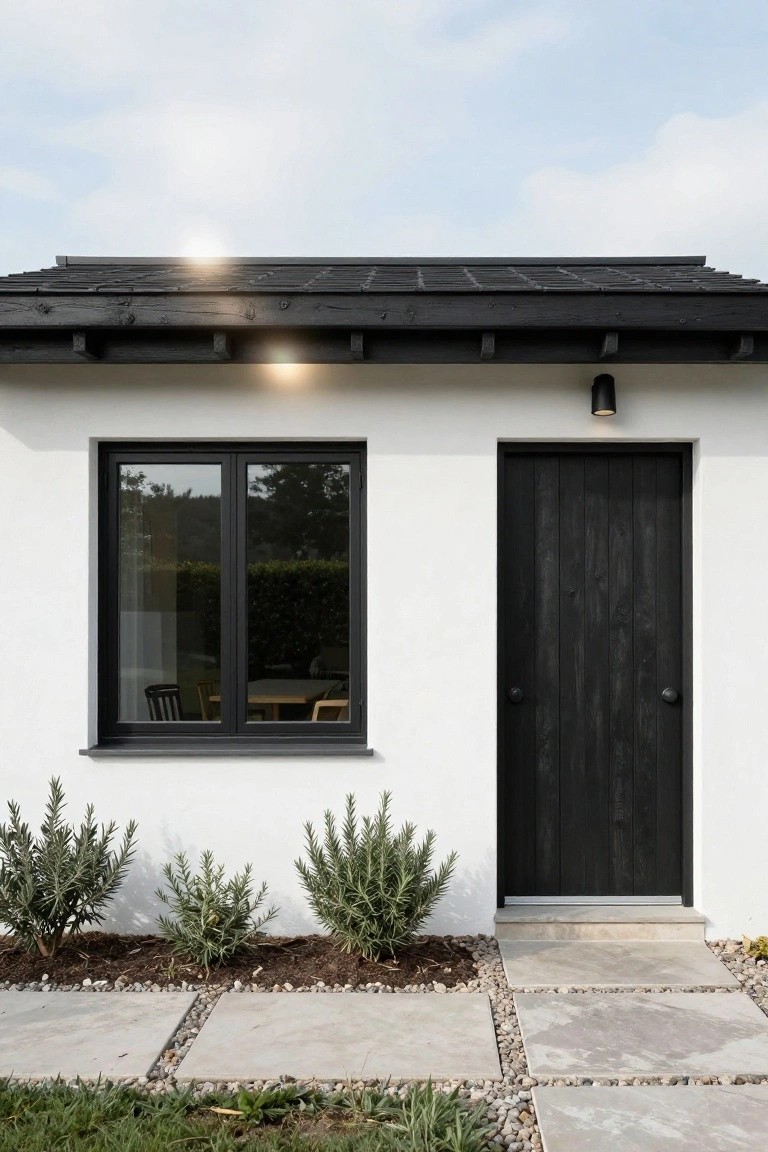 Front exterior of a small white cottage with black-framed double window, black wooden front door, dark shingled roof with solar panels, exterior wall light, stone paver path, gravel beds, and low rosemary shrubs.