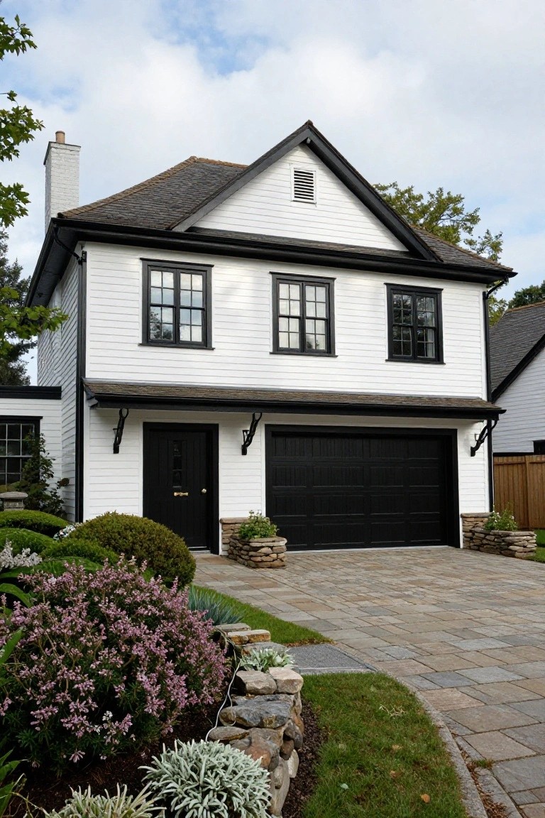 A two-story white clapboard house with black window frames, black front door, black garage door, brick chimney, covered entry porch, paved driveway, and low plantings along the front yard.
