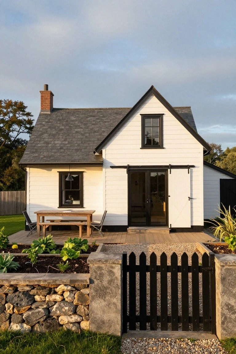 White clapboard cottage with black trim, dark slate roof, black-framed windows, sliding barn door, wooden deck with table and chairs, black picket fence, stone retaining wall, and raised garden beds.