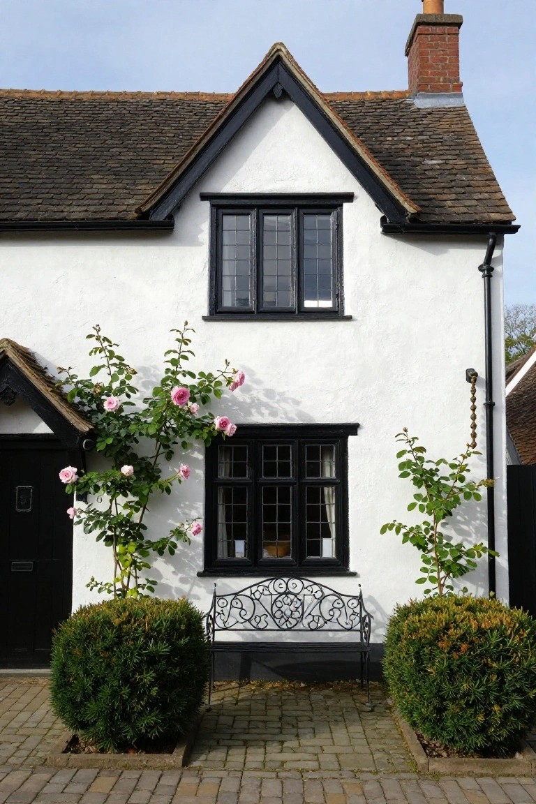 White plaster cottage with black timber framing and trim, featuring climbing pink roses on the left facade beside a black front door, flanked by boxwood shrubs, a wrought-iron bench on a paved path, and a chimney on the roof.