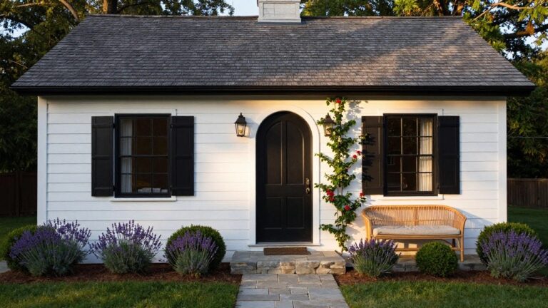 White clapboard cottage with gabled roof, black-framed windows, arched black front door with lantern, wicker bench, lavender plants, boxwoods, and stone path leading to the entry.