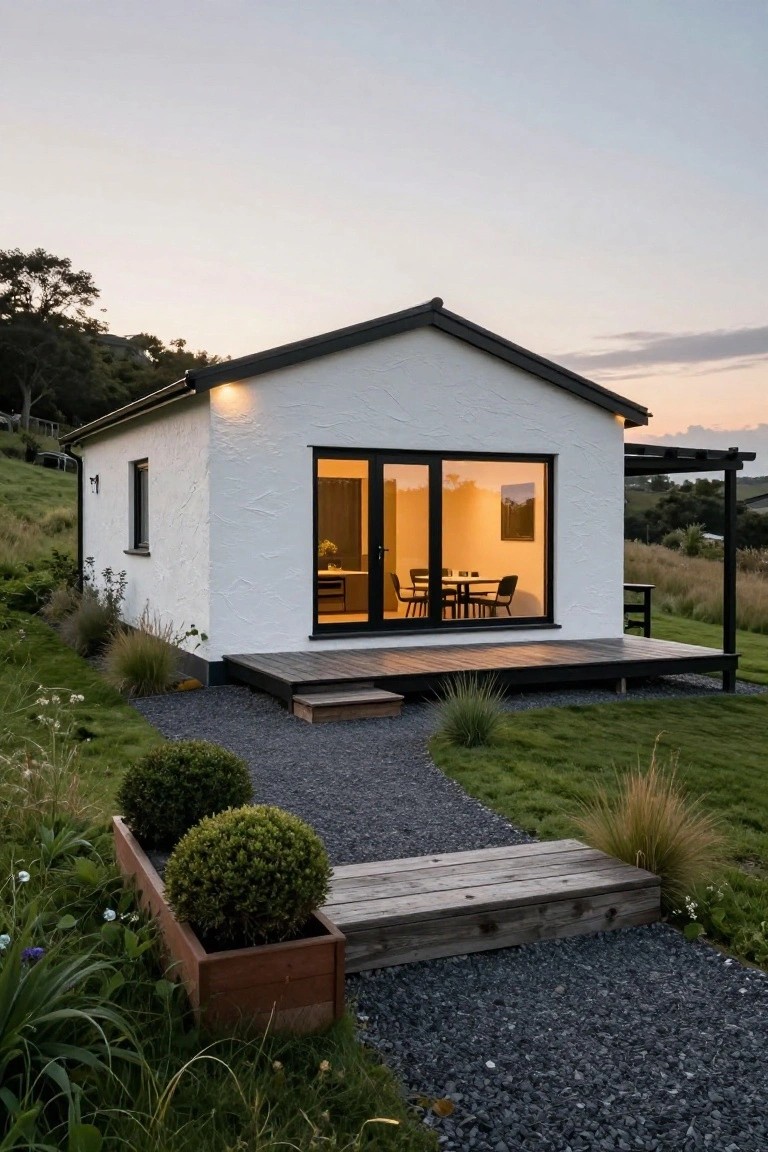 White single-story cottage with textured plaster walls, black metal roof and window frames, large black-framed glass doors on a wooden deck, gravel path with boxwood shrubs and grass, set against a hillside at dusk.