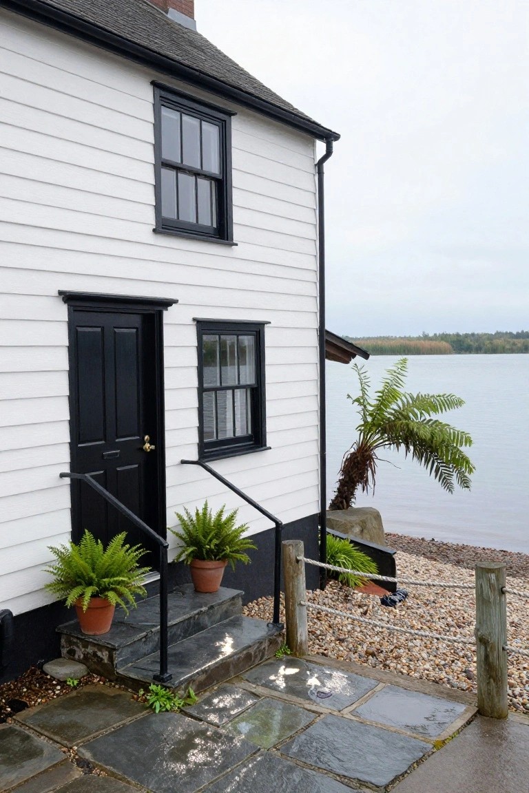 White clapboard cottage exterior with black door, black-framed windows, potted ferns on stone steps, and lakeside pebble shore with rope fencing.