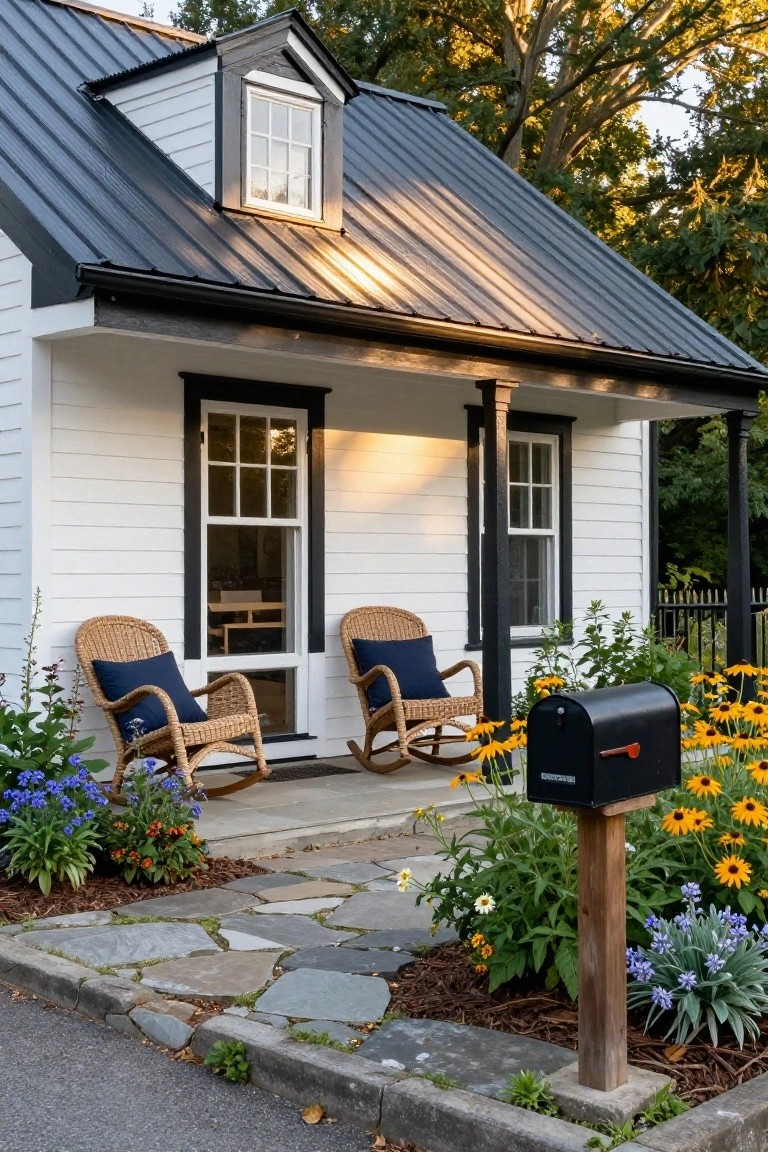 White clapboard cottage with black window trim, dark metal roof, front porch with two wicker rocking chairs with blue cushions, flower beds, stone path, black mailbox on wooden post, and trees in background.