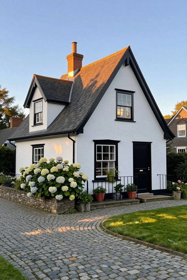 Small white cottage with black trim around gabled roof, windows, and front door, brick chimney, large hydrangea bushes by stone wall, and curved cobblestone path.