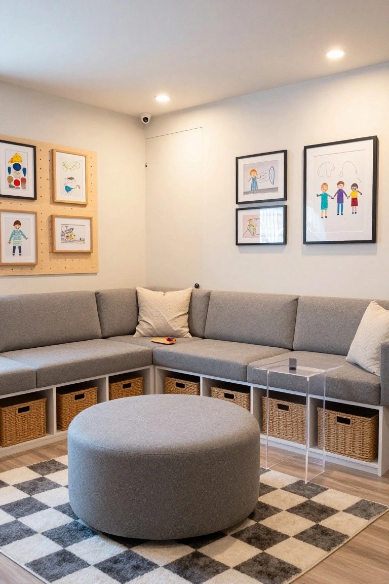 L-shaped gray upholstered sofa with built-in lower storage cubbies containing wicker baskets in a light gray room, centered around a gray pouf on a black-and-white checkered rug, with children's artwork on walls and a clear acrylic side table.