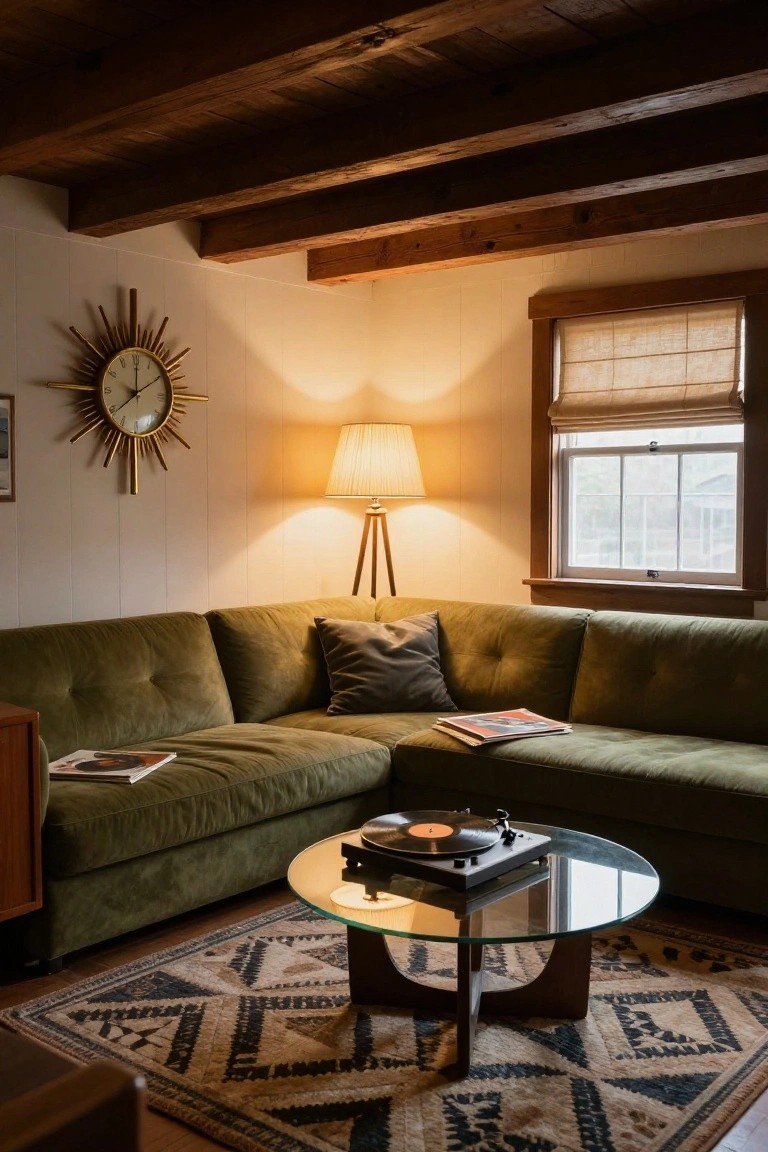 Living room corner featuring an L-shaped green velvet sofa, glass coffee table with record player and turntable, tripod floor lamp, sunburst wall clock, exposed wooden beam ceiling, and white paneled walls.