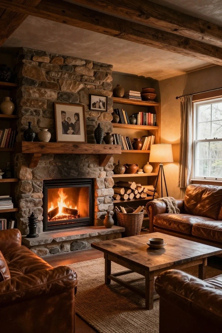 Cozy living room with stone fireplace, leather sofas, wooden shelves, and warm lighting.