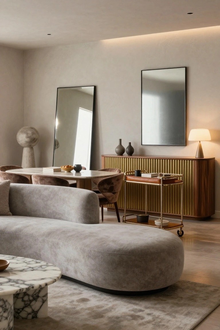 Modern interior with a large curved light gray upholstered sofa, oval white marble coffee table, round wooden dining table with upholstered chairs, wooden credenza with gold bar cart, two mirrors, ceramic sculptures, and beige area rug on light floor.